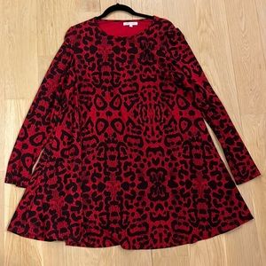 Red Leopard Print Shift Dress Longsleeve - Size 14